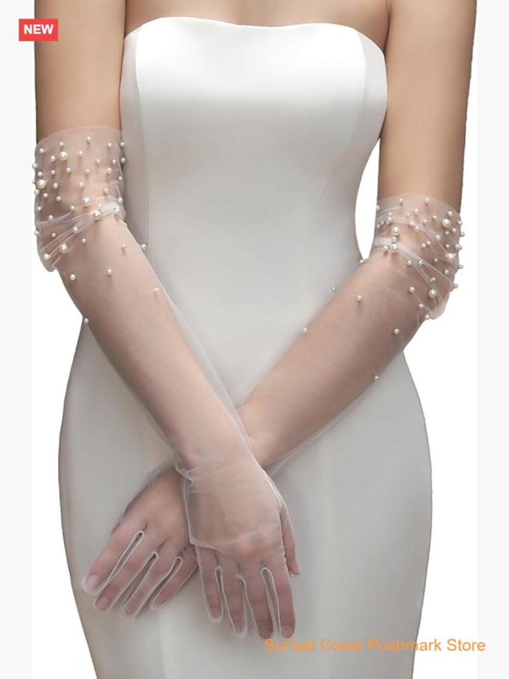 Long Pearl Wedding Gloves Tulle Bridal Gloves Sheer Opera Gloves